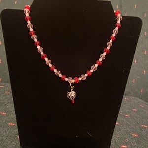 Pink and red crystal choker with silver heart pendant